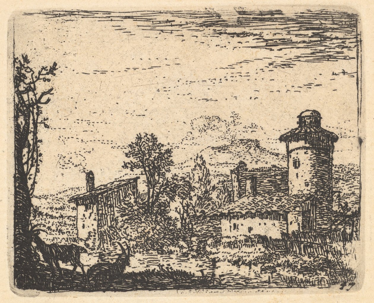 Paisagem com duas cabras com cornos na sombra em primeiro plano à esquerda, edifícios da aldeia..., ca. 1641-78. de Karel Du Jardin