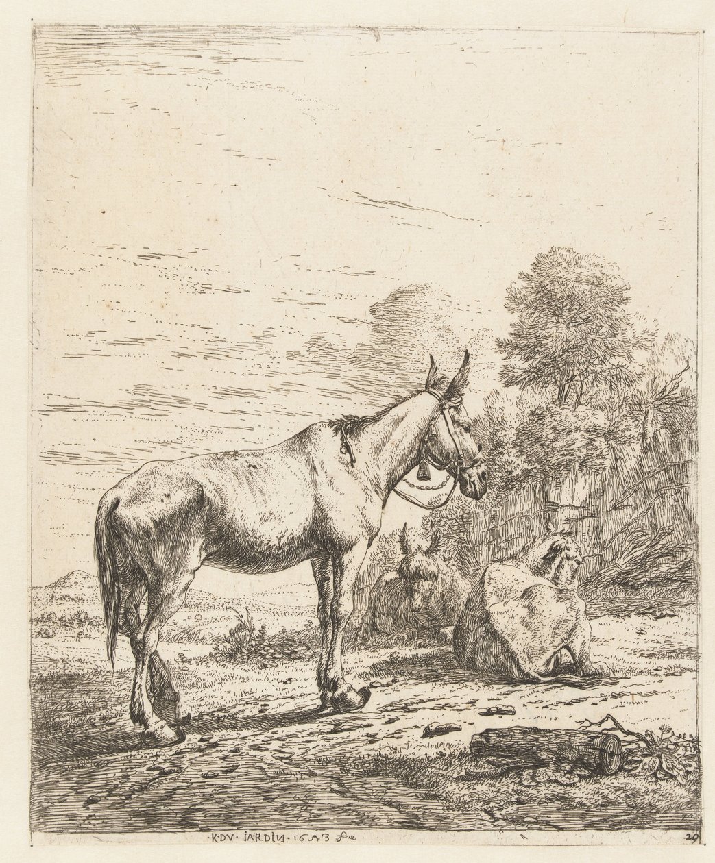 Mula com sino no cabresto e dois burros deitados de Karel Du Jardin