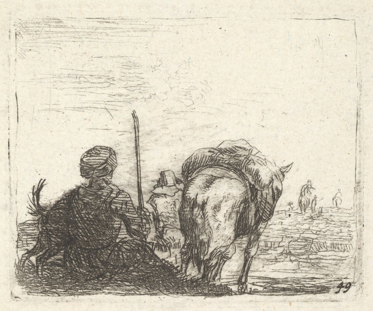 Cavalo de carga, homem sentado com cajado na mão direita e cachorro, todos vistos de trás ..., ca. 1641-78. de Karel Du Jardin