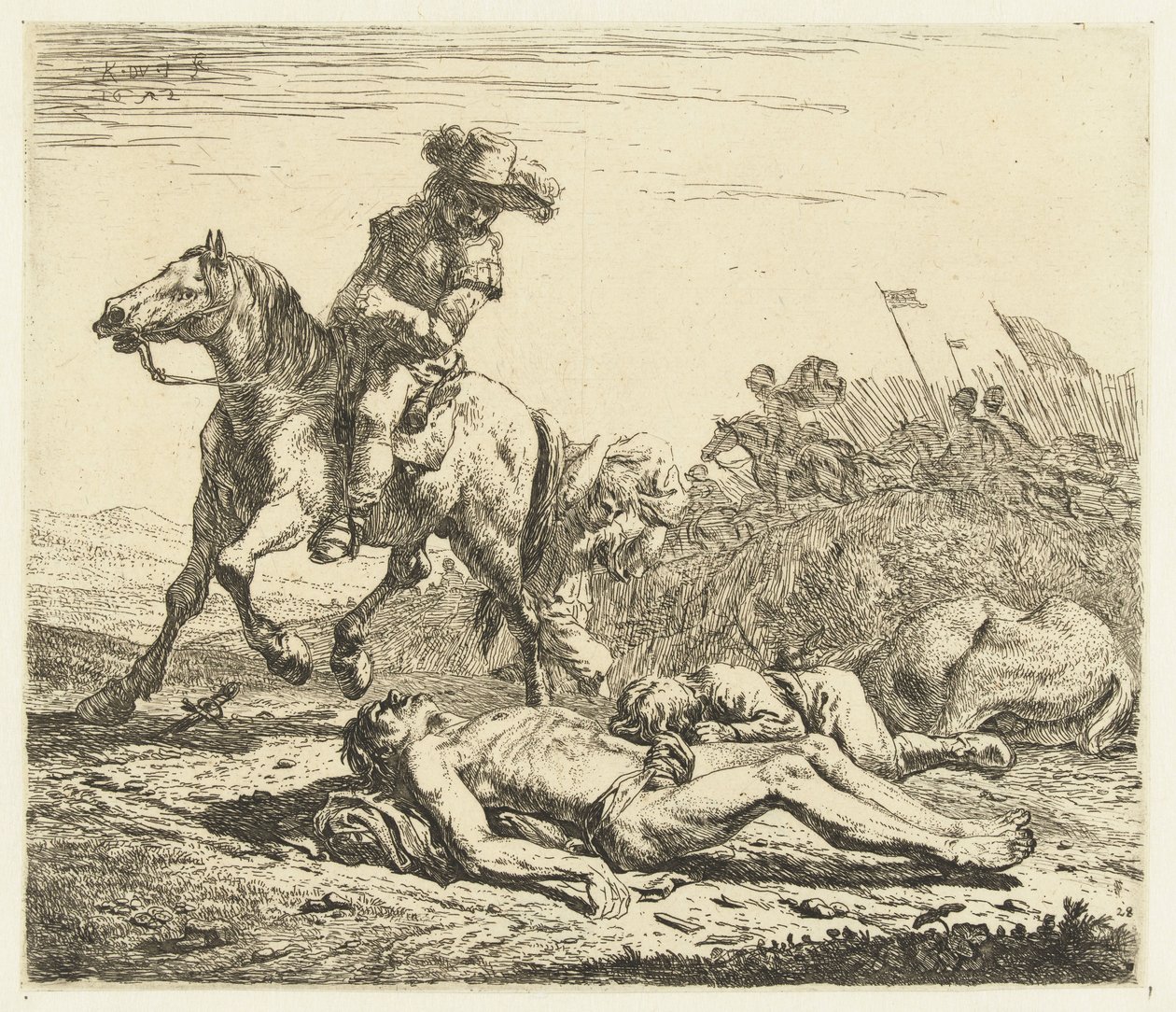 Campo de batalha com soldado a cavalo e dois mortos de Karel Du Jardin