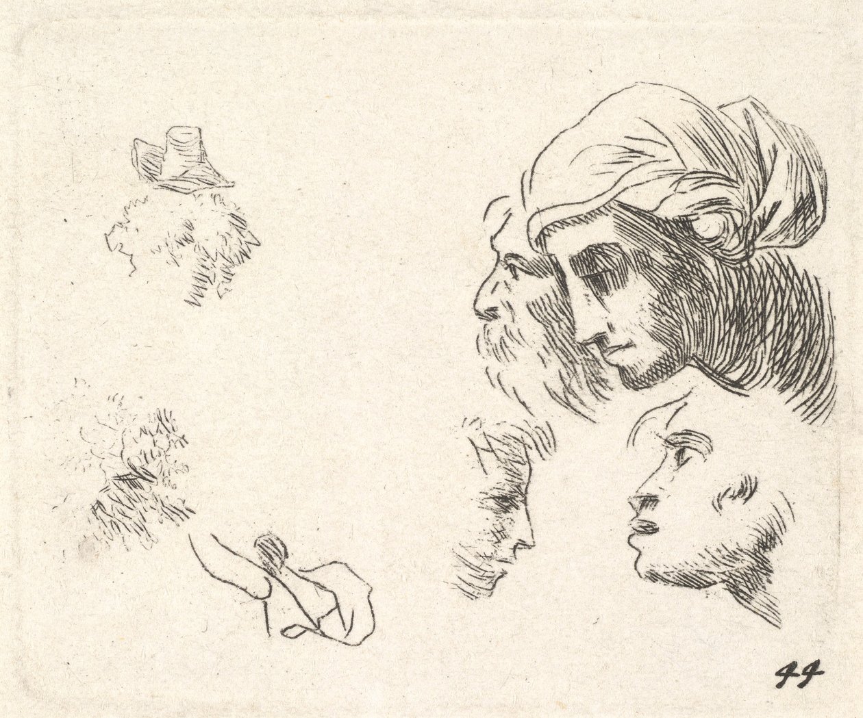 Estudo de cabeças em perfil, uma mulher com touca e um homem barbudo cujas cabeças ..., ca. 1641-78. de Karel Du Jardin