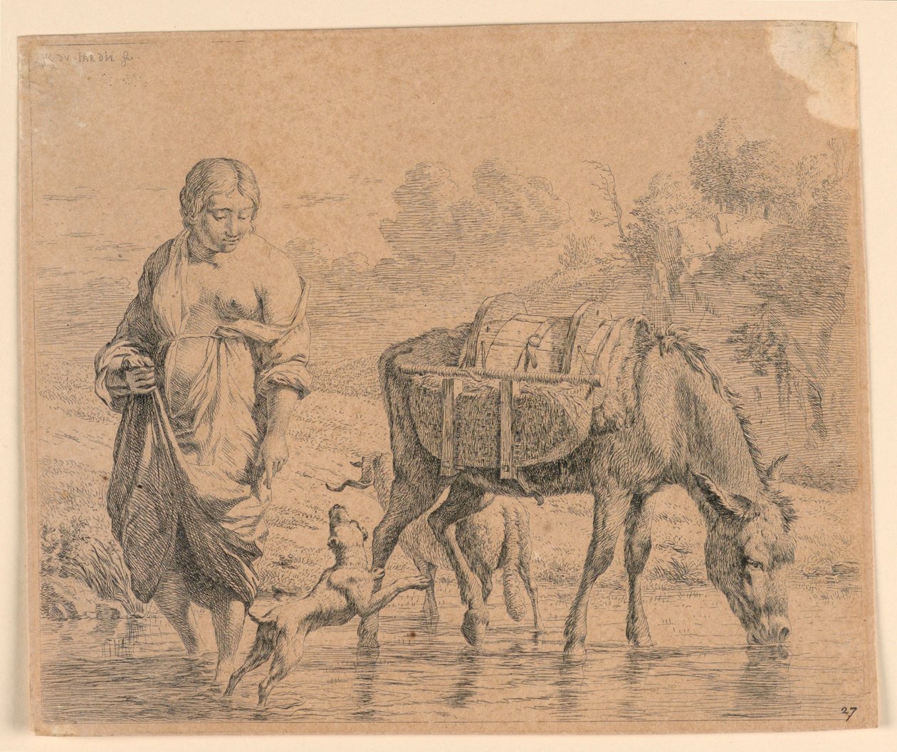 A mulher do campo e o sumpter atravessando um riacho de Karel Du Jardin