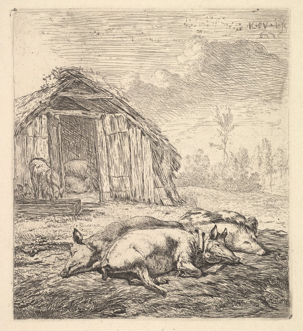 Três porcos deitados de lado, um chiqueiro e uma calha além, 1652. de Karel Du Jardin