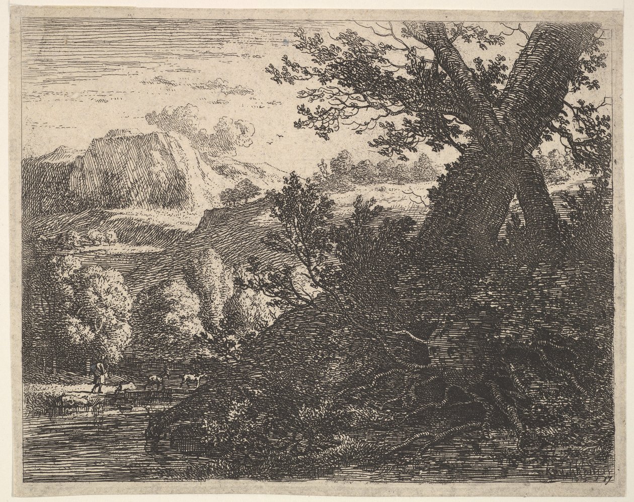 Árvore com raízes expostas ao lado de um riacho, uma paisagem montanhosa e um homem caminhando atrás de q..., 1659. de Karel Du Jardin