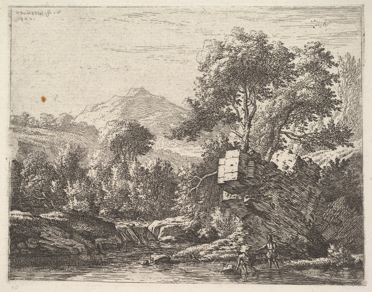 Dois homens de pé até o tornozelo em um corpo de água com um afloramento rochoso atrás deles, até o le ..., 1658. de Karel Du Jardin