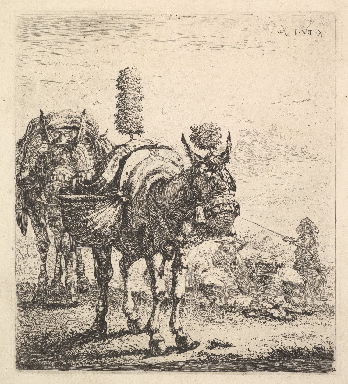 Duas mulas carregando cestos e equipadas com antolhos, plumas e borlas, um mu ..., ca. 1641-78. de Karel Du Jardin