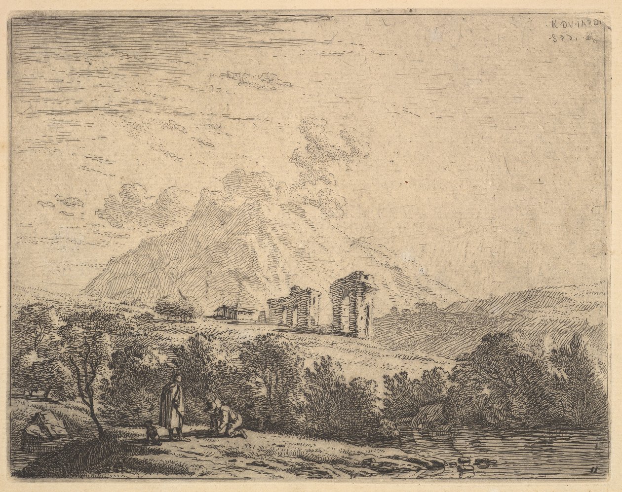 Vista da encosta com ruínas, um aqueduto e um rochedo de montanha além, em primeiro plano a m ..., 1658. de Karel Du Jardin
