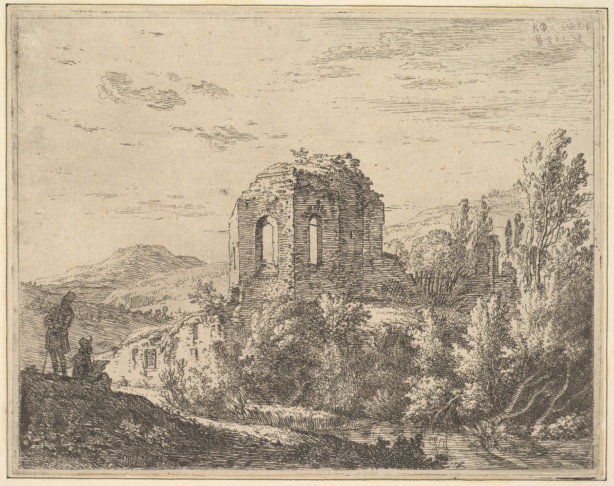 Vista de ruínas mostrando o canto de um edifício com duas janelas arqueadas, numa paisagem com..., 1658. de Karel Du Jardin