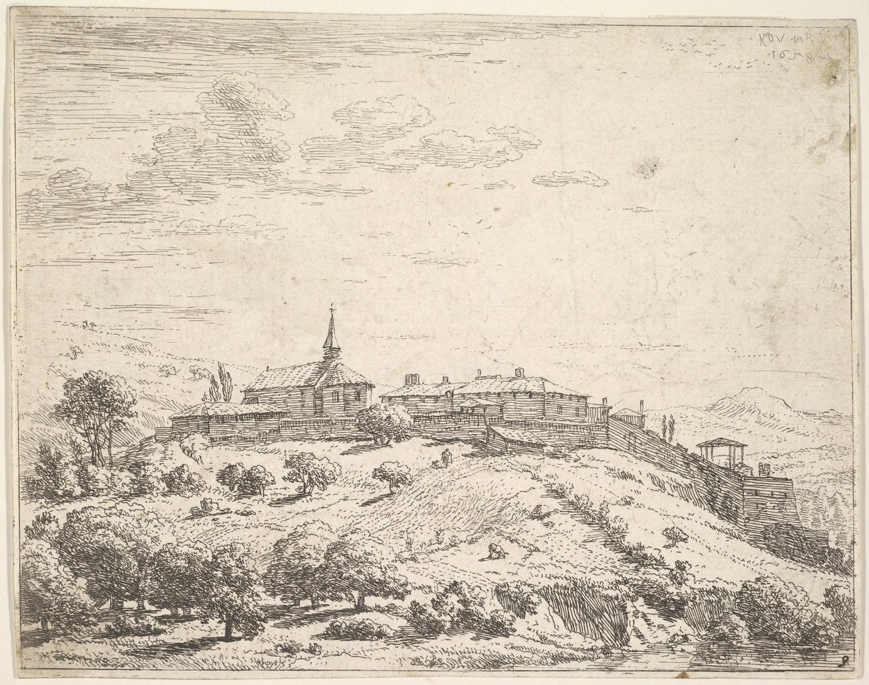 Aldeia murada em uma colina, com igreja à esquerda e edifícios construídos na encosta a ..., 1658. de Karel Du Jardin