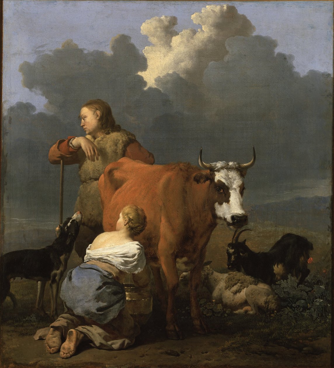 Camponesa a ordenhar uma vaca de Karel Dujardin
