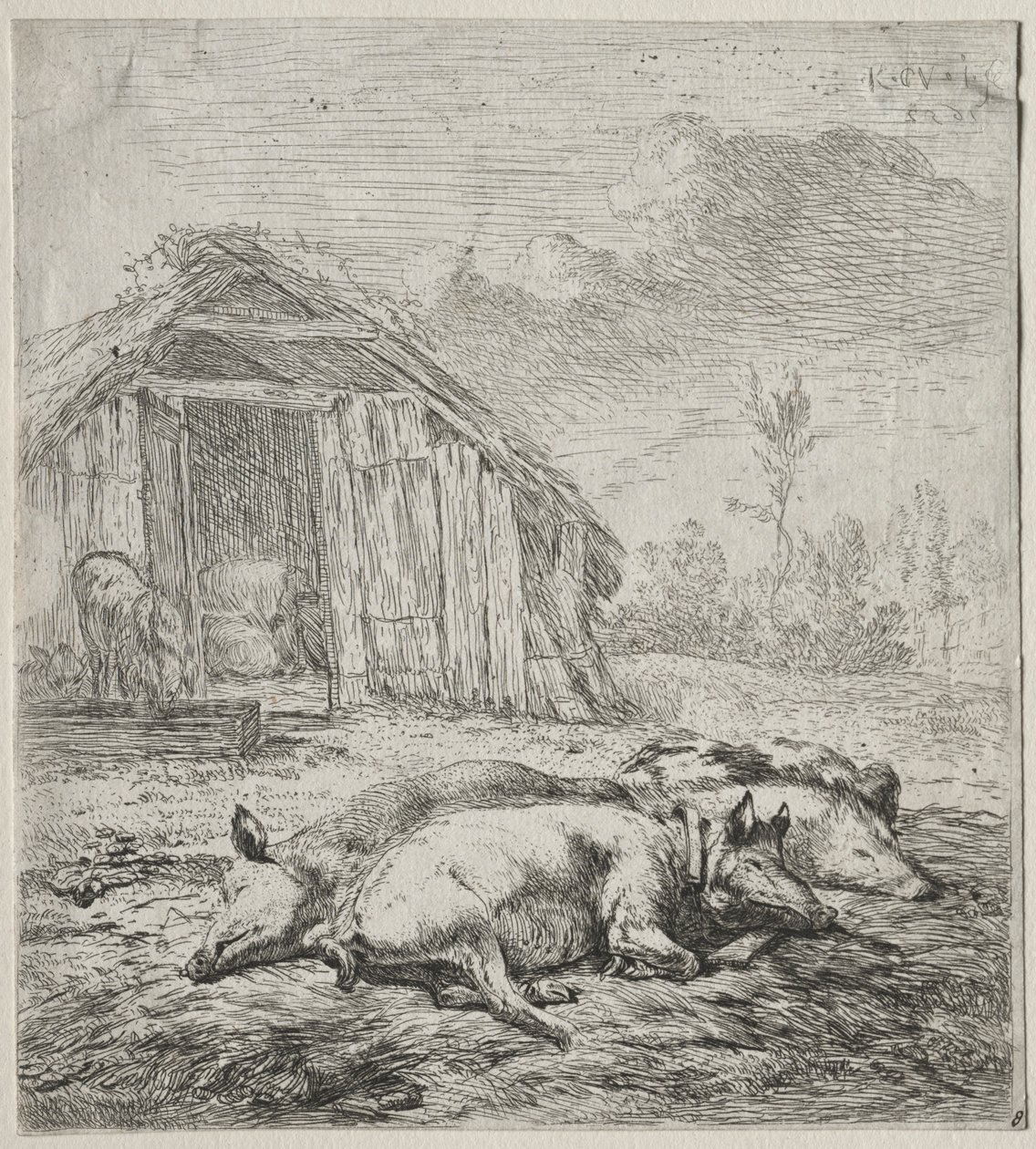 Três suínos, deitado na frente de um chiqueiro. de Karel Dujardin