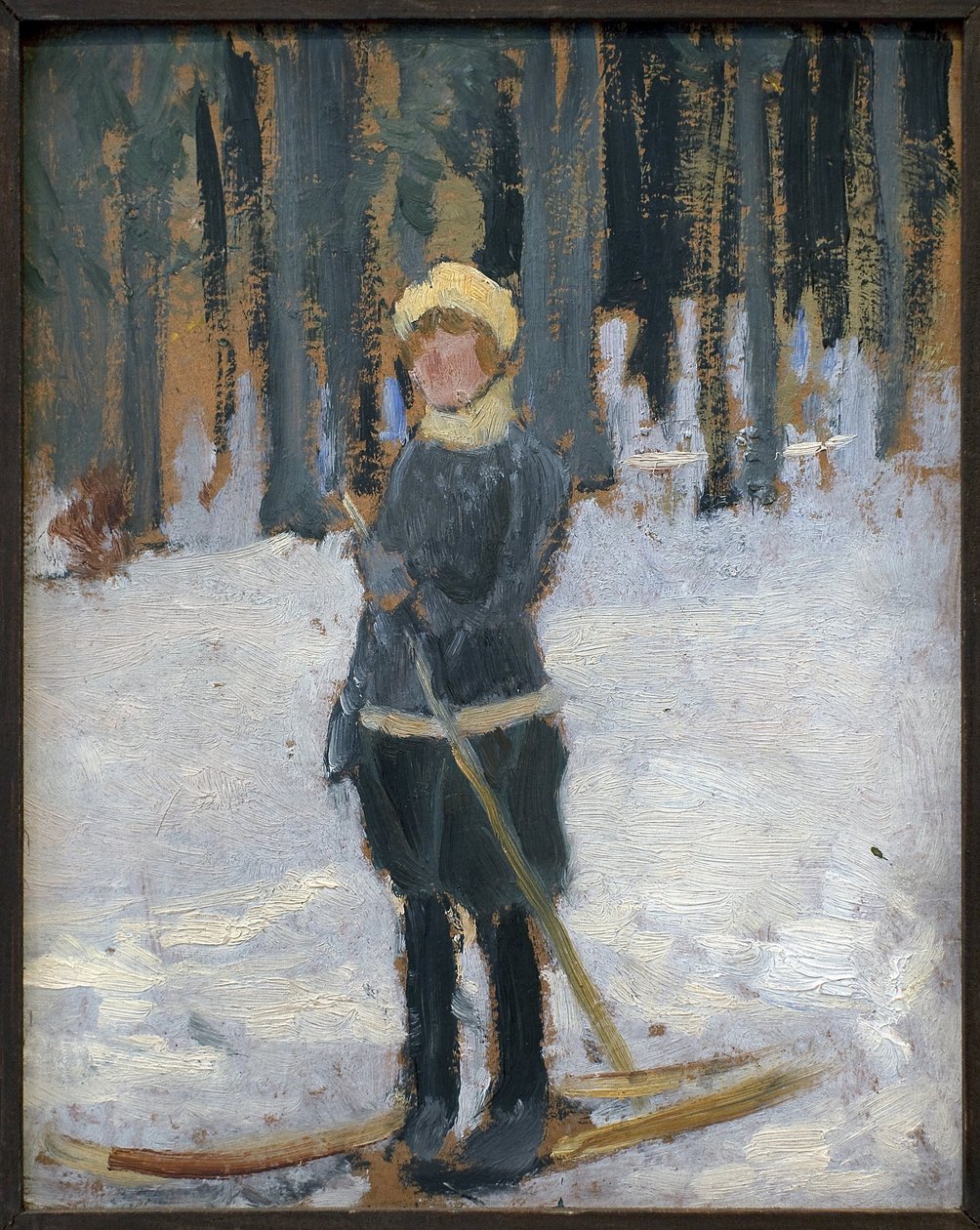 Mulher esquiando na floresta. Obra de Karel Spillar (1871-1939), óleo sobre papelão de Karel Spillar