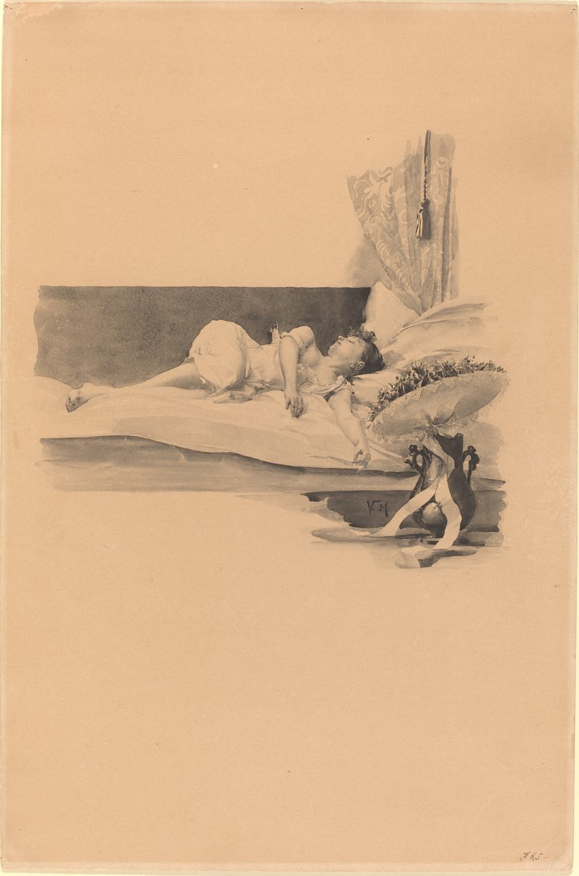 Ilustração para "Jestrab Kontra Hrdlicka, XXII" (Menina dormindo em uma cama) de Karel Vitezslav Masek