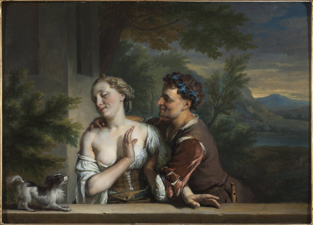 Um homem tentando abraçar uma mulher de Karel de Moor