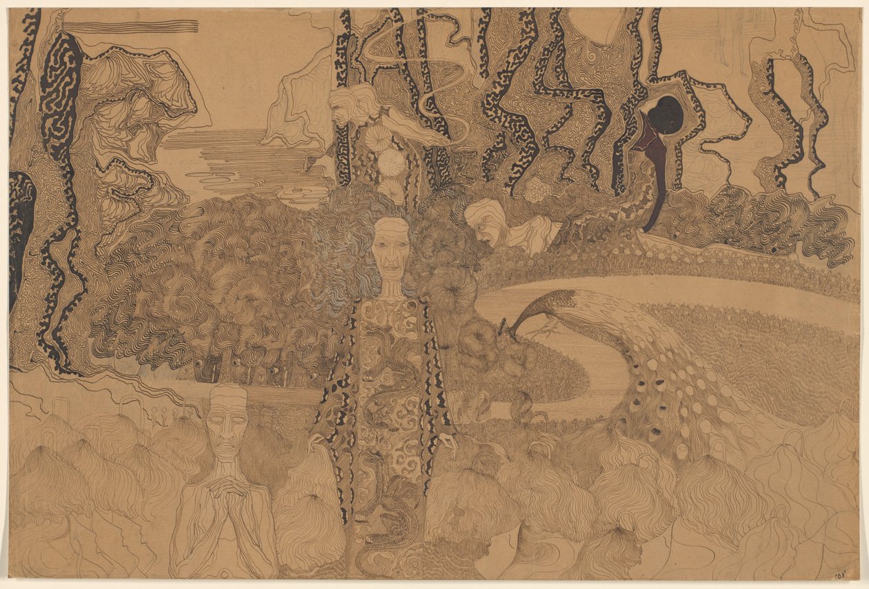 Representação alegórica com figuras e um pavão num jardim de Karel de Nerée tot Babberich (signed by artist)