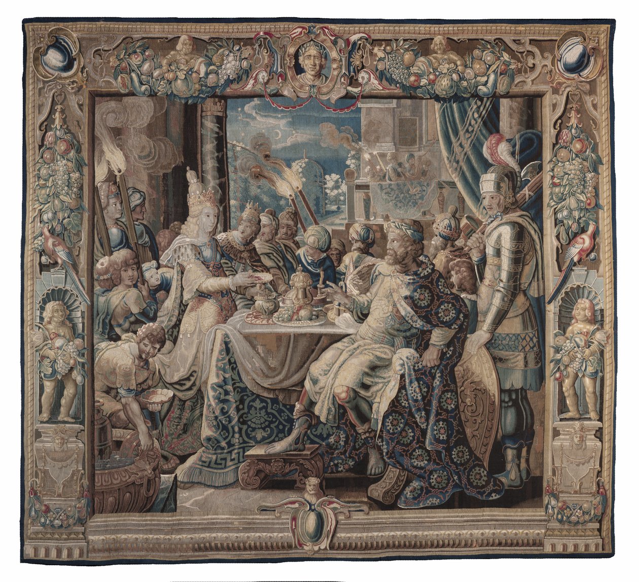 Cleópatra diverte António; tapeçaria, cerca de 1640 (lã e seda em ponto de tafetá com urdidura de lã) de Karel van II Mander