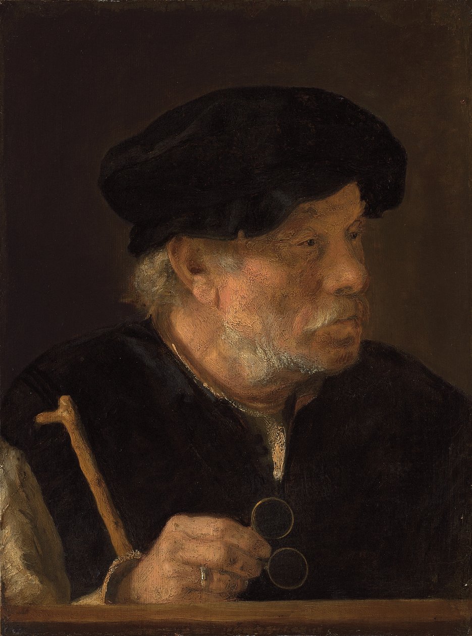 Um homem, na altura do busto, segurando uma bengala e seus óculos, por uma borda de madeira de Karel van der Pluym