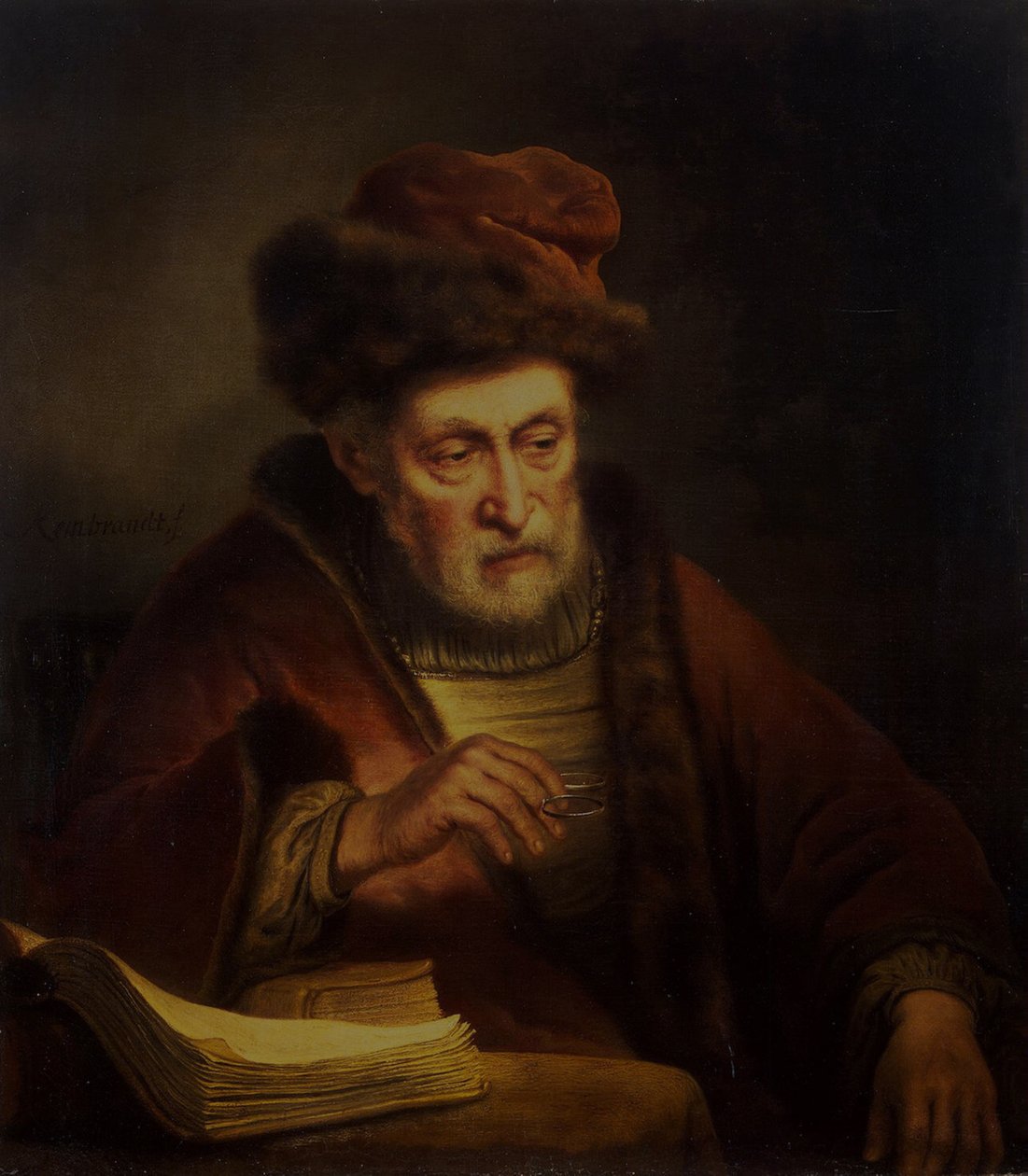 Velho, segurando um par de óculos de Karel van der Pluym