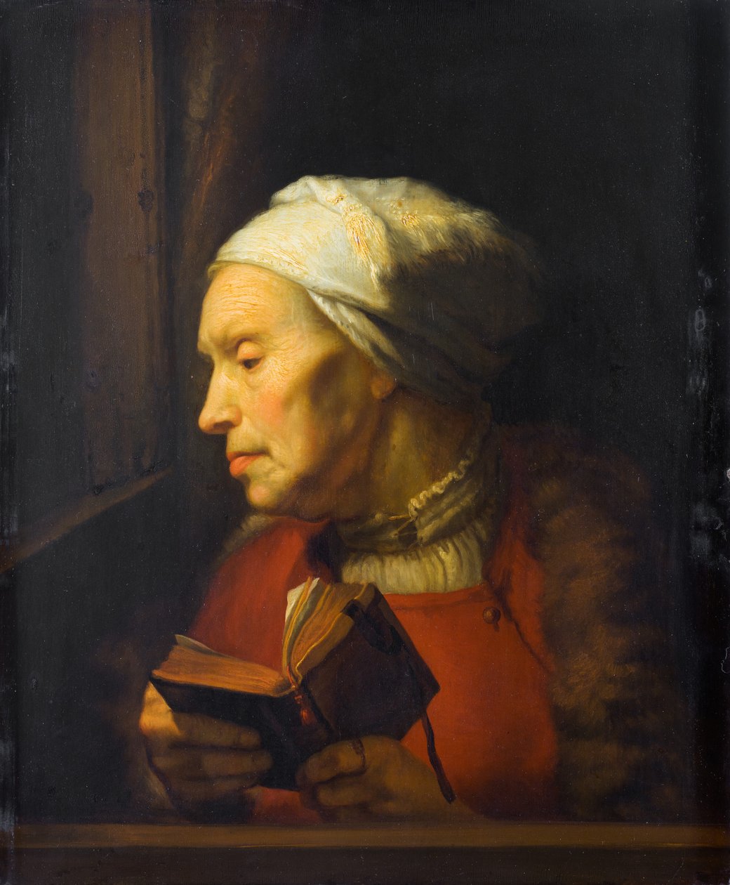 Retrato de uma mulher idosa com um livro aberto de Karel van der Pluym