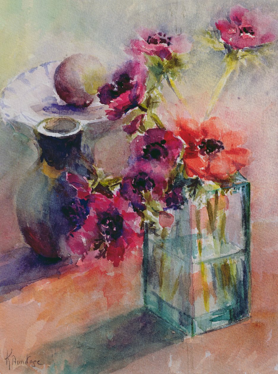 Anêmonas em vaso de vidro verde, 2002 de Karen Armitage