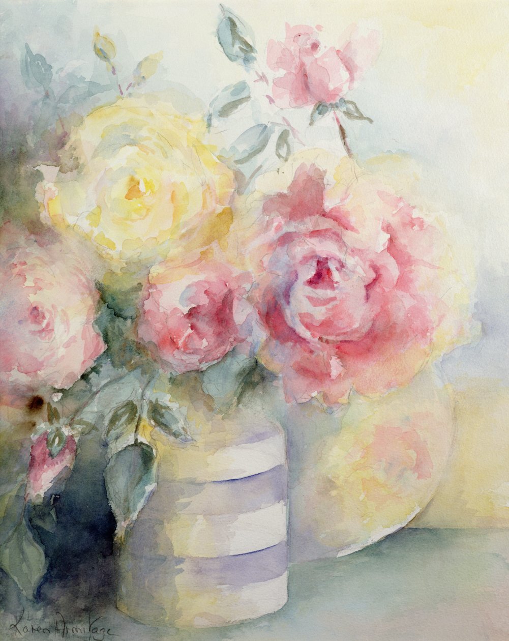 Rosas num Jarro da Cornualha (aguarela) de Karen Armitage