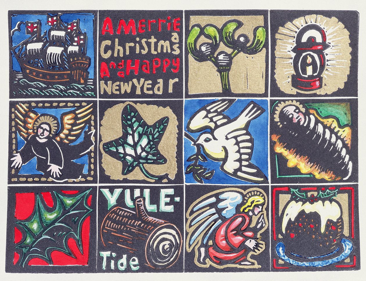 Cartão de Natal de 1999 (linogravura e wc no papel) de Karen Cater