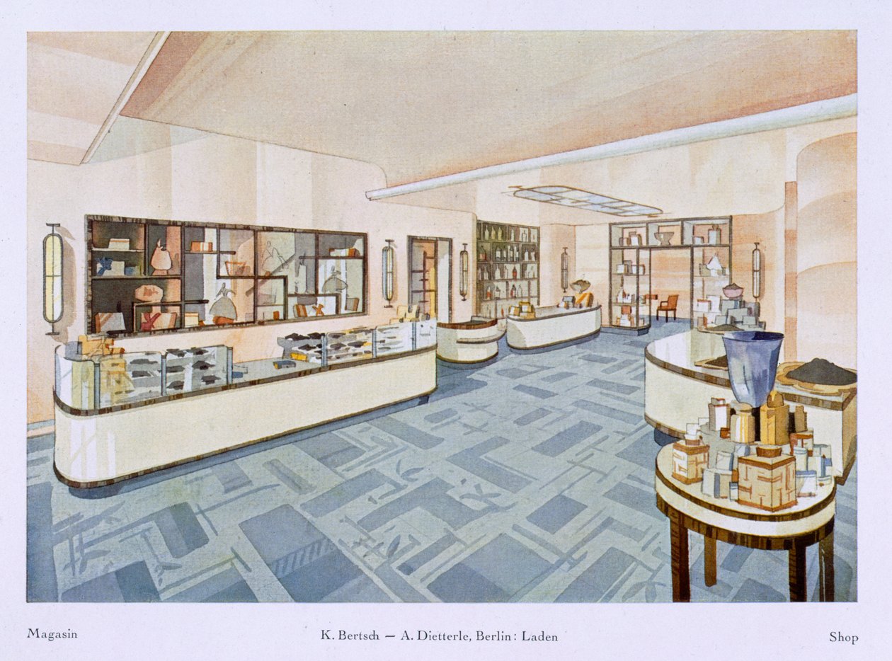 Loja de perfumes, ilustração de interiores modernos em cores, 1929 de Karl Bertsch