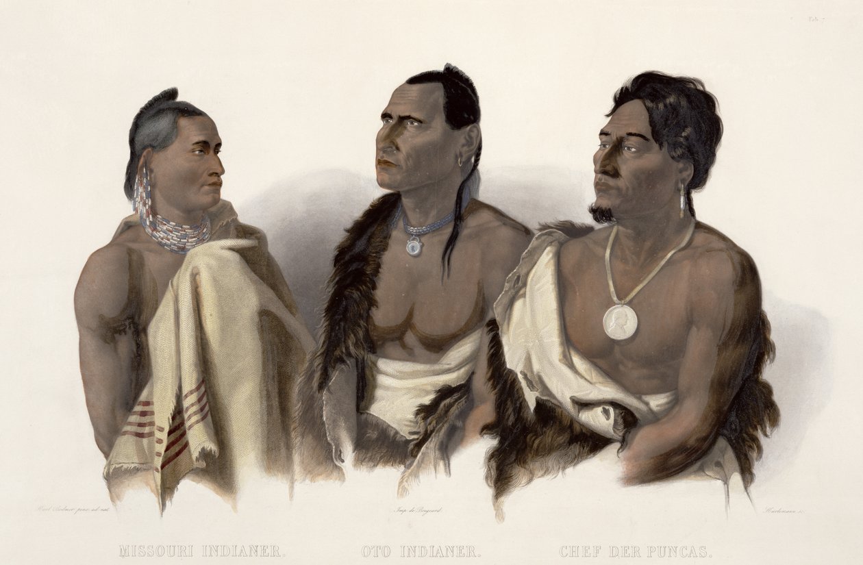 Um índio do Missouri, um índio otomano e o chefe das Puncas, placa 7 de "Viagens no interior da América do Norte", gravada por J. Hurlimann, 1844 (aquatint) de Karl Bodmer