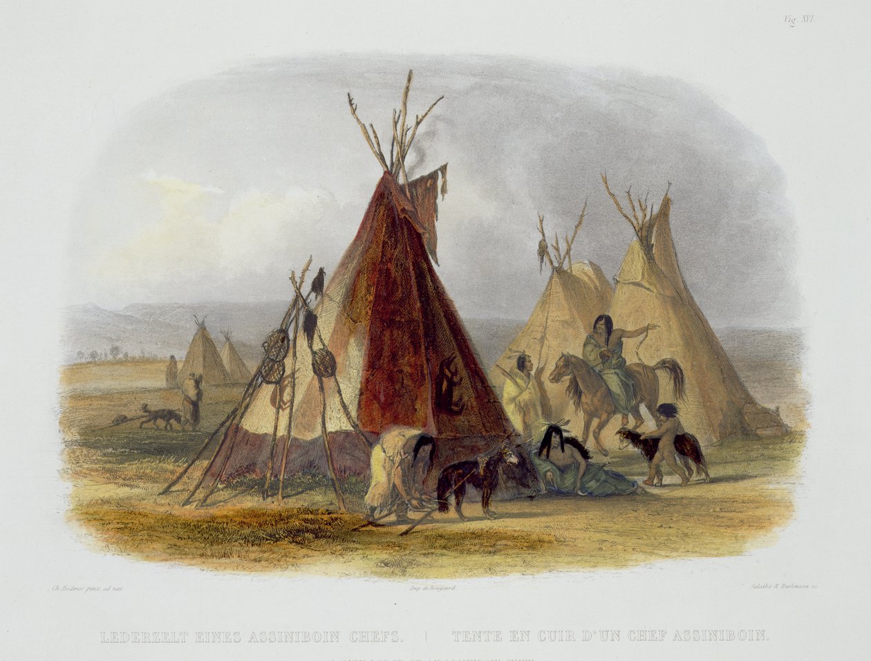 Uma Loja de Pele de um Chefe Assiniboin, placa 16 do Volume 1 de "Viagens no Interior da América do Norte", gravada por Friedrich Salathe (1793-1858) e J. Hurlimann, 1843 (aquatint) de Karl Bodmer