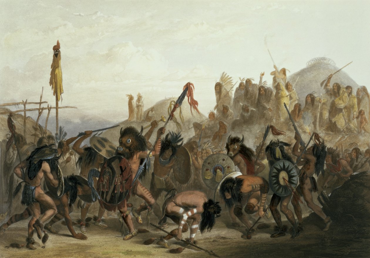 Bison-Dance dos índios Mandan em frente à sua Loja de Medicina em Mih-Tutta-Hankush, prato 18 do Volume 2 de &39;Viagens no Interior da América do Norte&39;, gravado por Alexandre Manceau, 1844 (aqua de Karl Bodmer