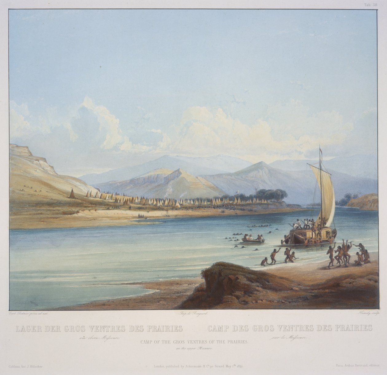 Acampamento do Gros Ventres das Pradarias no Alto Missouri, gravado por S. Himely, publicado em 1841 (aquatint) de Karl Bodmer
