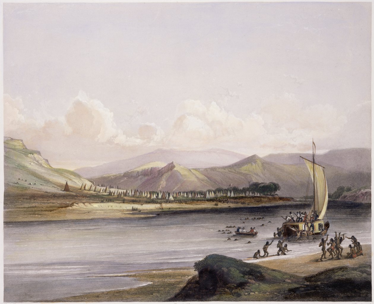 Acampamento do Gros Ventres das Pradarias no Alto Missouri, placa 38 do Volume 2 de &39;Viagens no Interior da América do Norte&39;, gravada por Sigismond Himely (1801-72) 1844 (aquatint) de Karl Bodmer