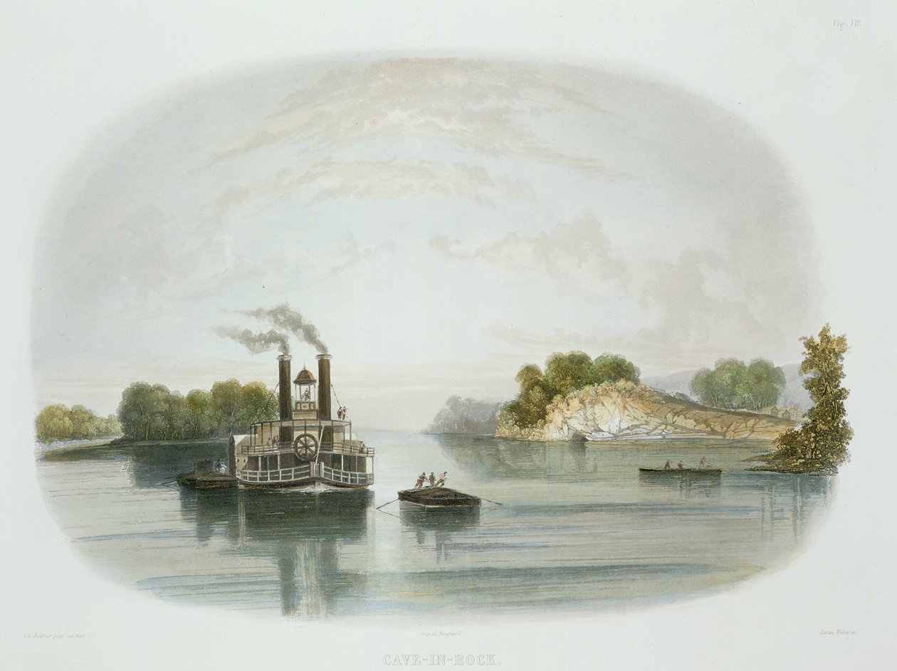Cave-in-Rock, vista sobre o Ohio, prato 7 do Volume 1 de &39;Viagens no Interior da América do Norte&39;, gravado por Lucas Weber, 1843 (aquatint) de Karl Bodmer