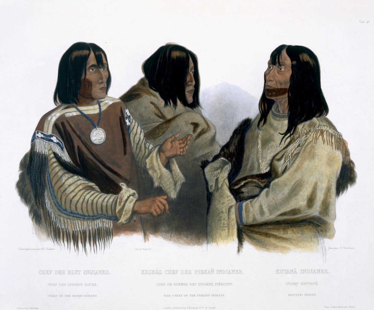 Chefe dos índios do sangue, chefe de guerra dos índios Piekann e um índio Koutani, placa 46 do volume 2 de &39;Viagens no interior da América do Norte&39;, gravada por J. Hurlimann, 1844 (aquatint) de Karl Bodmer