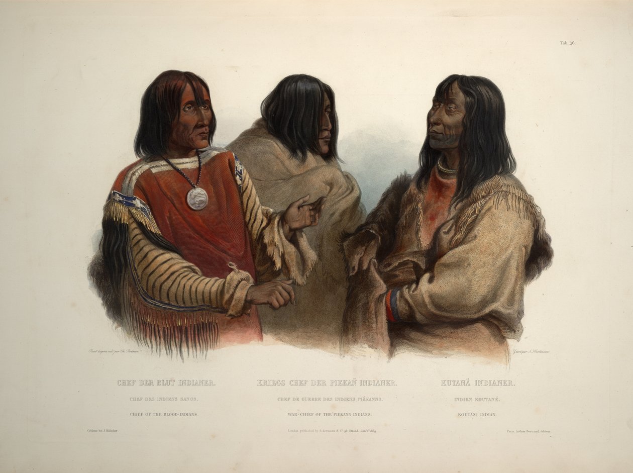 Chefe dos índios de sangue chefe de guerra dos índios Piekann e índio Koutani de Karl Bodmer