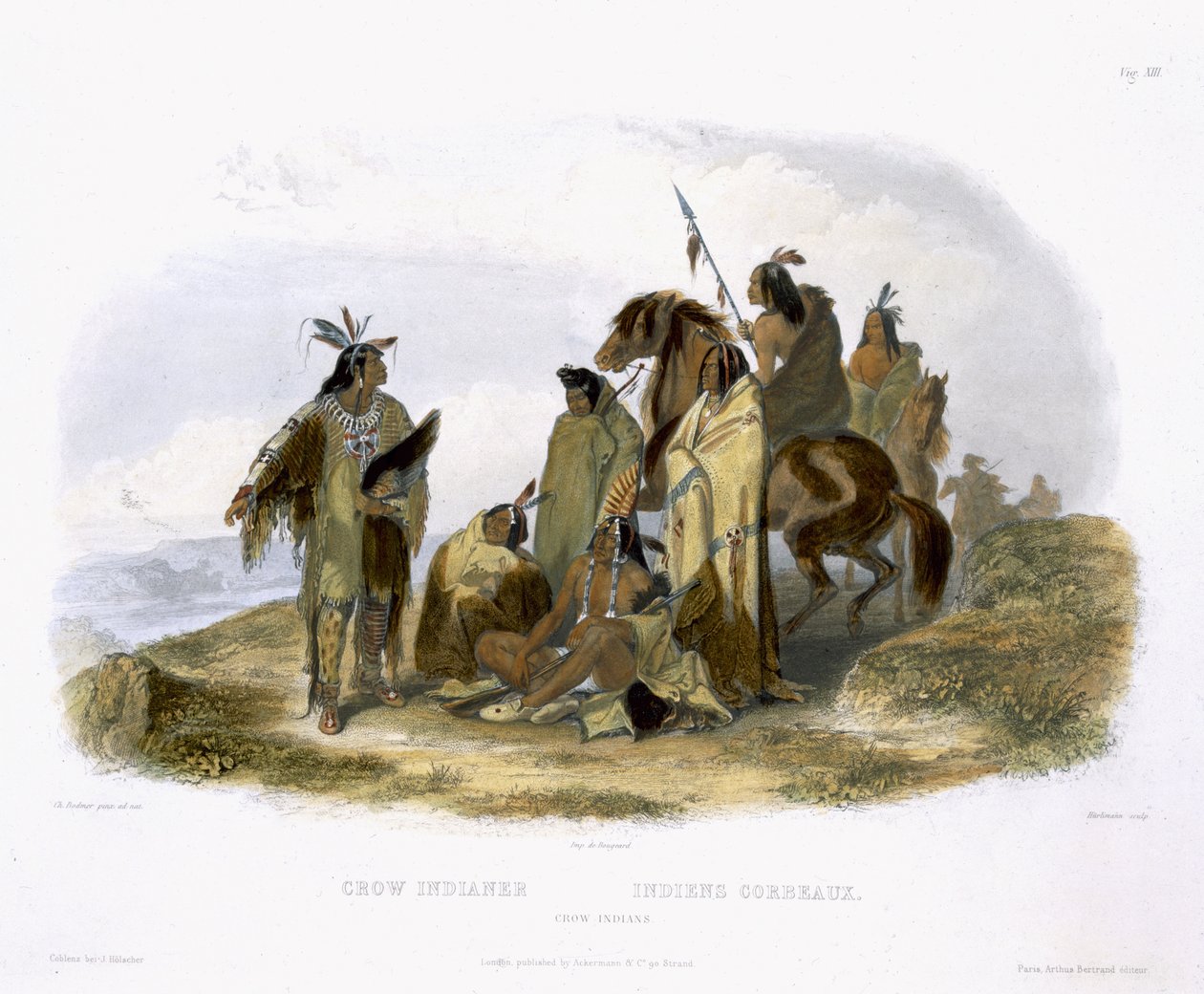 Crow Indians, plate 13 do volume 1 de "Viagens no Interior da América do Norte", gravado por J. Hurlimann, 1843 (aquatint) de Karl Bodmer