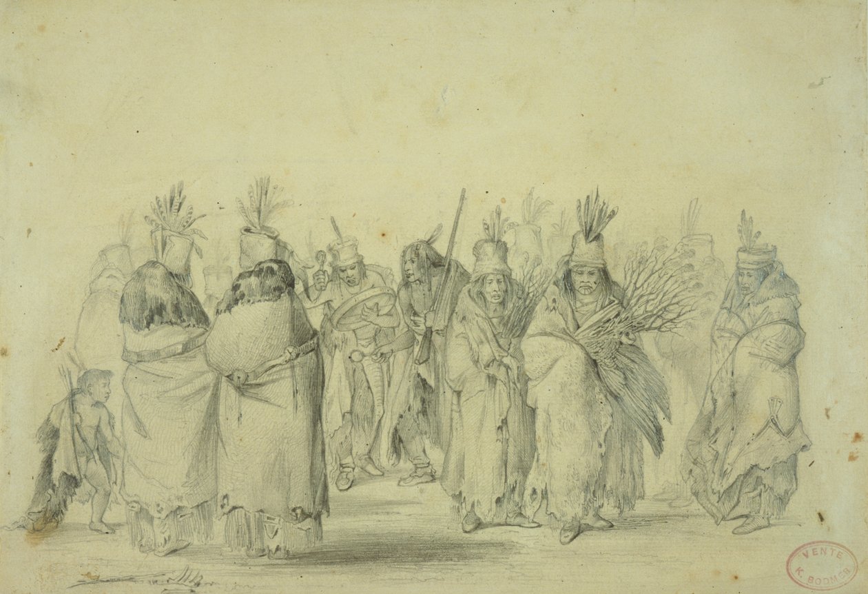 Dança das mulheres Mandan, c.1833-43 (lápis, caneta e wc no papel) de Karl Bodmer
