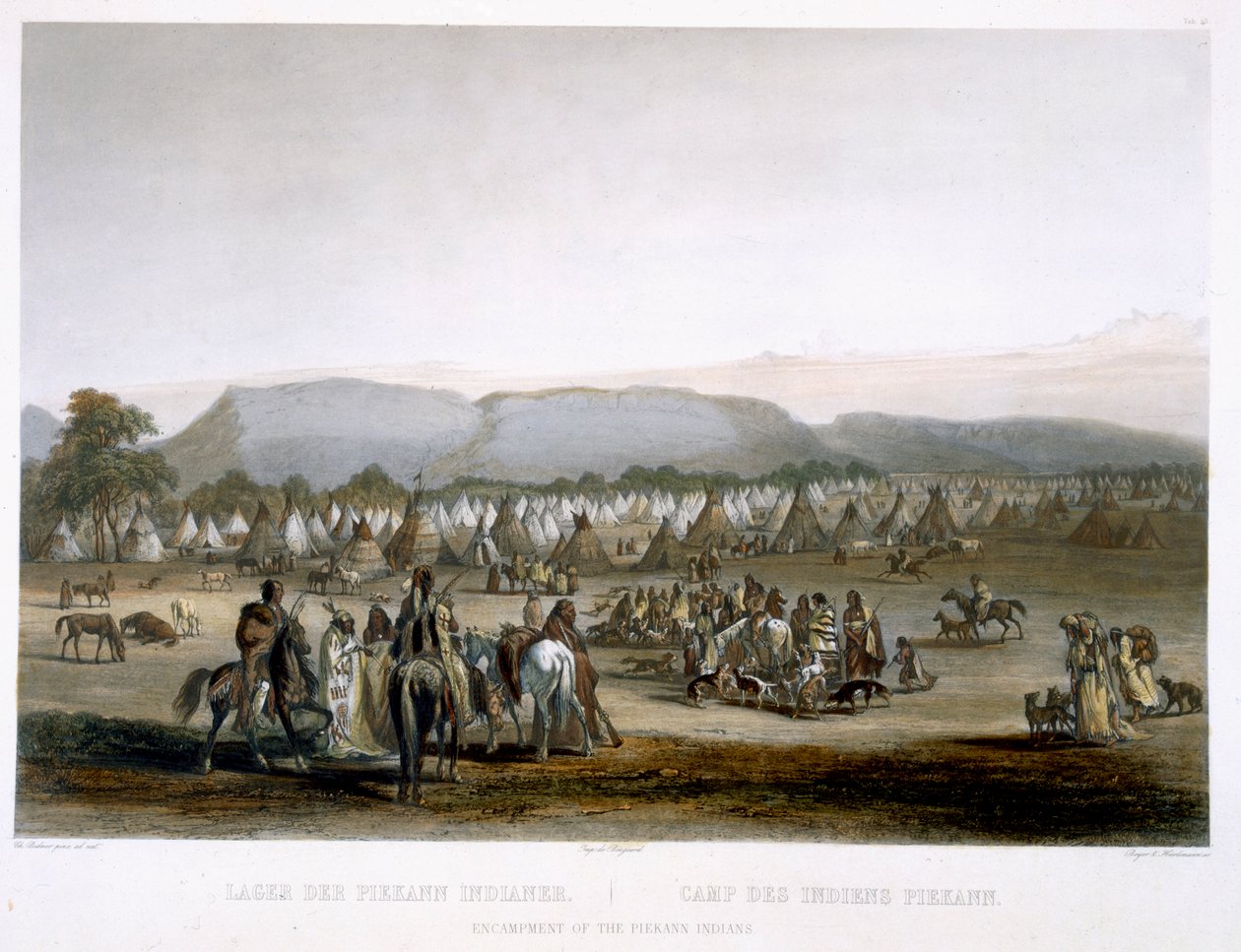 Acampamento dos índios Piekann, prato 43 do Volume 2 de &39;Viagens no Interior da América do Norte&39;, gravado por Leopold Beyer (1784-c.1870) e J. Hurlimann, 1844 (aquatint) de Karl Bodmer