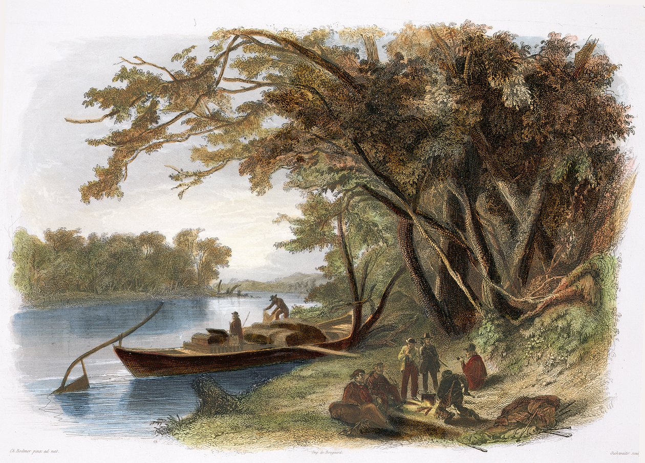 Acampamento dos Viajantes no Missouri, placa 23 do Volume 1 de &39;Viagens no Interior da América do Norte&39;, gravada por John Outhwaite, 1843 (aquatint) de Karl Bodmer