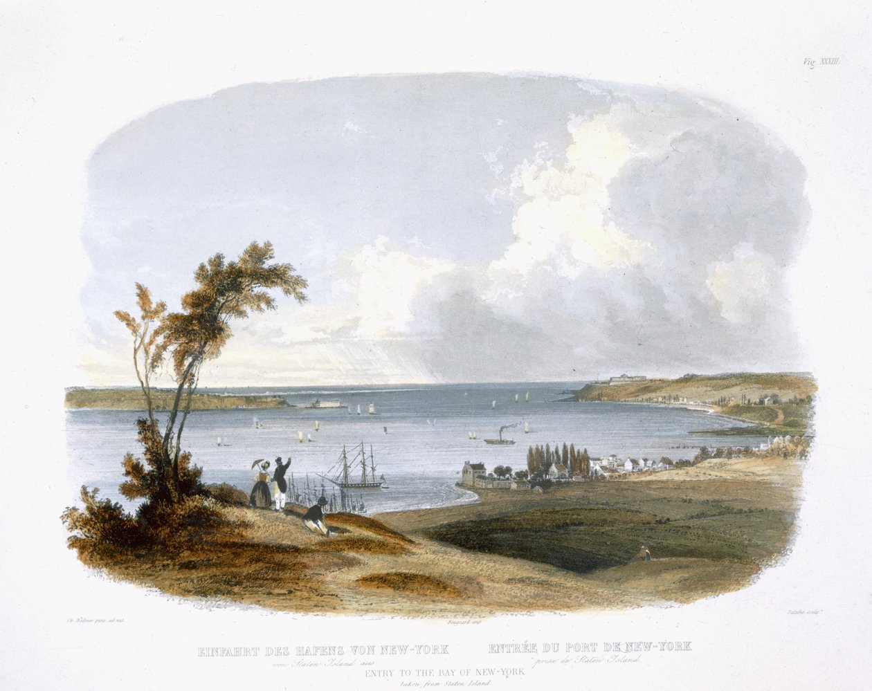 Entrada para a Baía de Nova York, tomada de Staten Island, placa 33 do Volume 1 de "Viagens no Interior da América do Norte", gravada por Friedrich Salathe (1793-1858) 1843 (aquatint) de Karl Bodmer