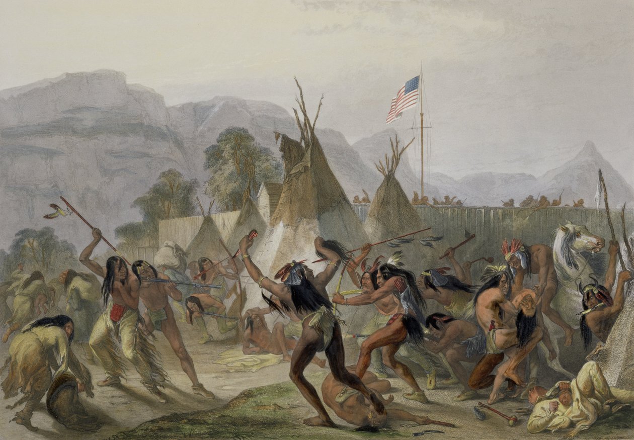 Fort Mackenzie, 28 de agosto de 1833, placa 42 do Volume 2 de &39;Viagens no Interior da América do Norte&39;, gravado por Alexandre Manceau e J. Hurlimann, 1844 (aquatint) de Karl Bodmer