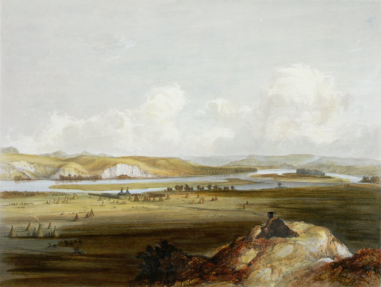 Fort Pierre no Missouri, placa 10 do Volume 2 de "Viagens no Interior da América do Norte", gravada por Friedrich Salathe (1793-1858) 1844 (aquatint) de Karl Bodmer