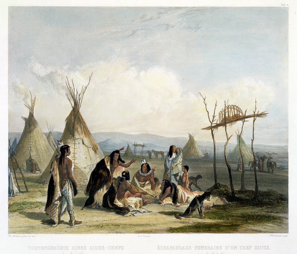 Andaime Funeral de um chefe Sioux perto de Fort Pierre, placa 11 do volume 2 de &39;Viagens no Interior da América do Norte&39;, gravado por J. Hurlimann, 1844 (aquatint) de Karl Bodmer
