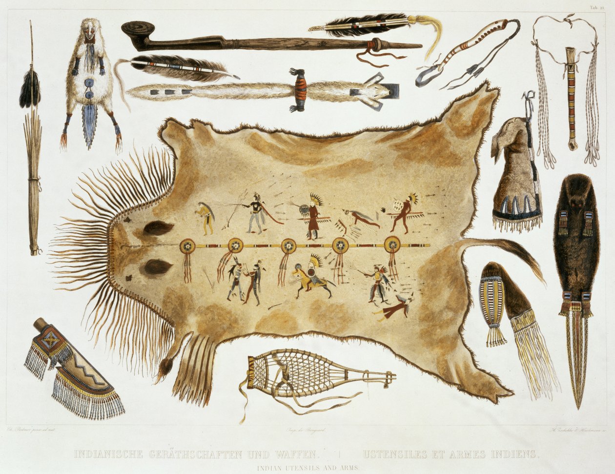 Utensílios e armas indianas, prato 21 do volume 2 de "Viagens no interior da América do Norte", gravado por A. Zschokke e J. Hurlimann, 1844 (aquatint) de Karl Bodmer