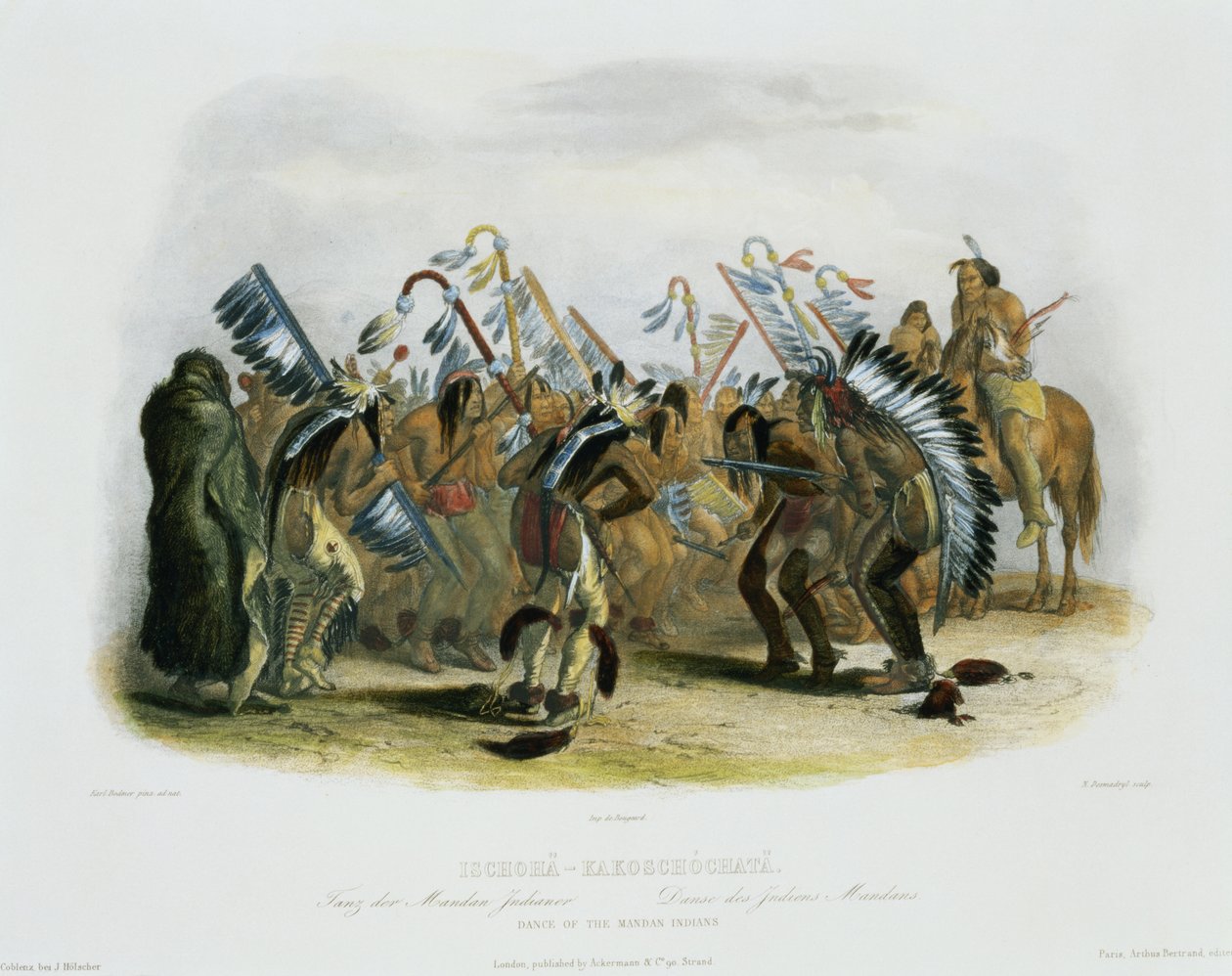 Ischoha-Kakoschochata, Dança dos índios Mandan, placa 25 do volume 1 de "Viagens no Interior da América do Norte", gravada por Narcisse Desmadryl, 1843 (aquatint) de Karl Bodmer