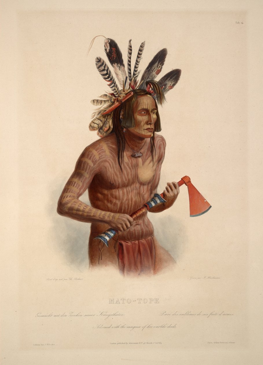 Mato-Tope adornado com a insígnia de seus atos de guerra de Karl Bodmer