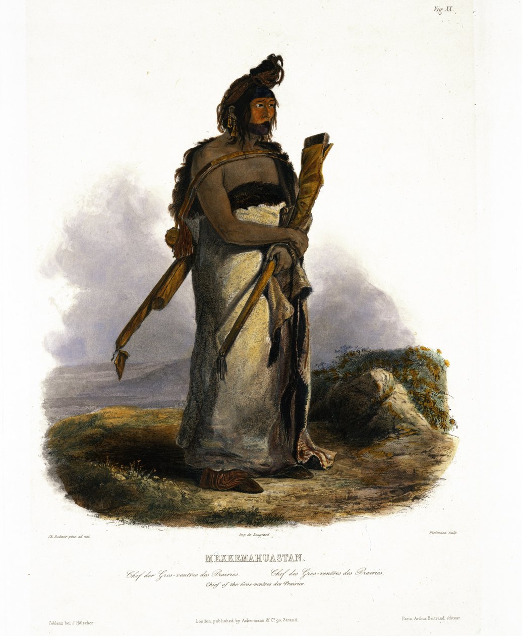 Mexkemahuastan, chefe do Gros-Ventres das Pradarias, placa 20 do Volume 1 de "Viagens no Interior da América do Norte", gravada por J. Hurlimann, 1843 (aquatint) de Karl Bodmer