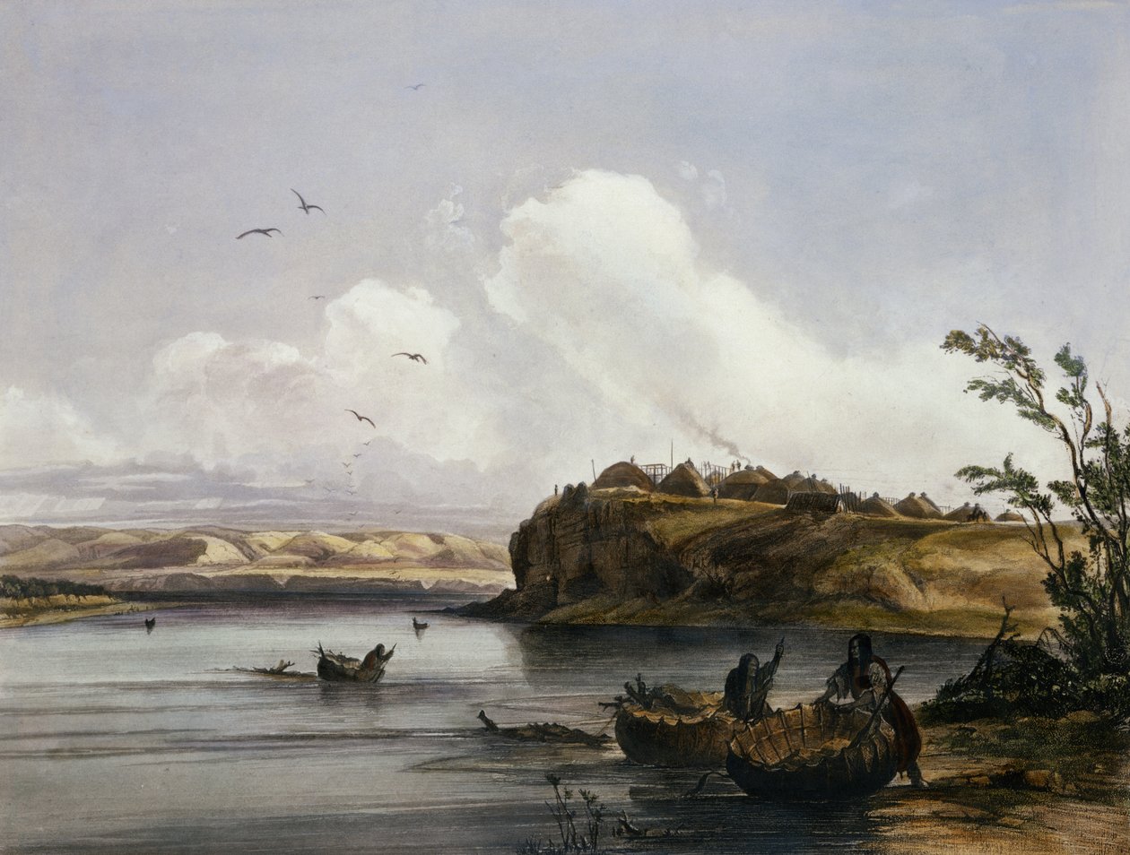 Mih-Tutta-Hankush, uma aldeia de Mandan, prato 16 do volume 2 de "Viagens no interior da América do Norte", gravado por Friedrich Salathe (1793-1858) 1844 (aquatint) de Karl Bodmer