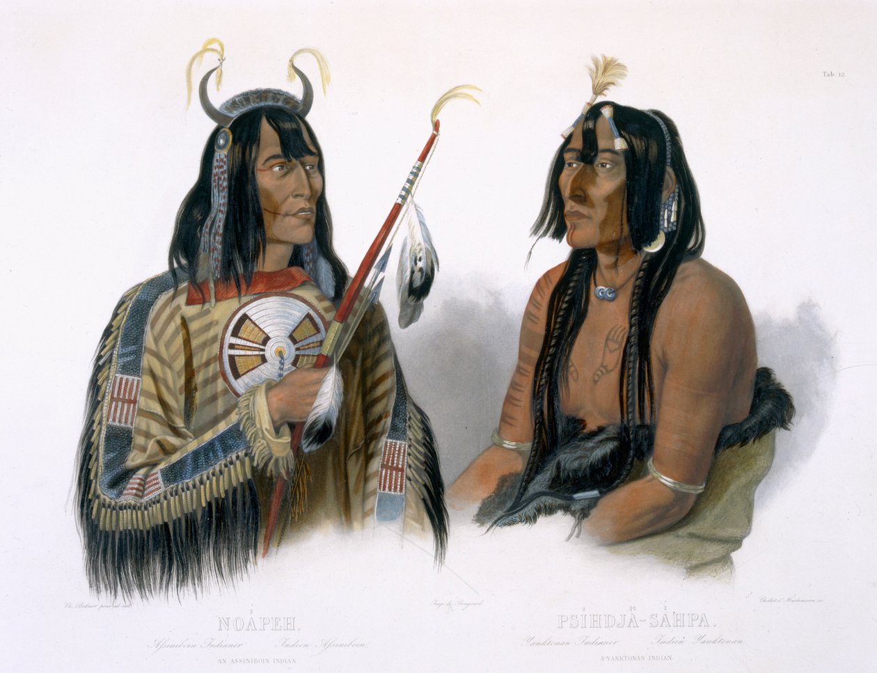 Noapeh, um índio Assiniboin e Psihdja-Sahpa, um índio iantonano, prato 12 do volume 2 de "Viagens no interior da América do Norte", gravado por Chollet e J. Hurlimann, 1844 (aquatint) de Karl Bodmer