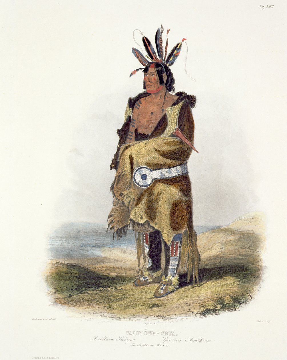Pachtuwa-Chta, um guerreiro Arrikkara, prato 27 do Volume 1 de &39;Viagens no Interior da América do Norte&39;, gravado por Talbot, 1843 (aquatint) de Karl Bodmer